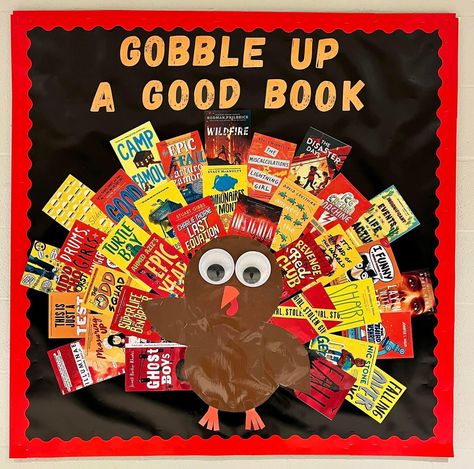 Gobble Up A Good Book Bulletin Board, November Displays Library, November Library Bulletin Board Ideas, Fall Library Bulletin Board Ideas, Nut Snowman, Thanksgiving Library Bulletin Boards, Winter Reading Bulletin Boards, Halloween Library Bulletin Boards, November Library Bulletin Boards