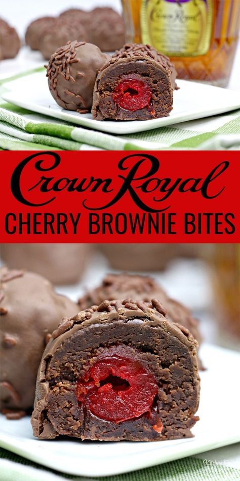 Chocolate Brownie Cherry Bombs have a hidden surprise inside: a Crown Royal Whisky soaked cherry. It's a yummy adult treat is perfect for Valentine's Day. | Crown Royal Recipes | Brownie Recipes #brownies #food #recipe #yummy #boozy #crownroyal #valentine #valentinesday Boozy Valentines Desserts, Crown Royal Cupcakes Recipe, Boozy Balls, Booze Balls, Crown Royal Recipes, Boozy Recipes, Milk Chocolate Brownies, Cherry Brownies, Royal Recipe