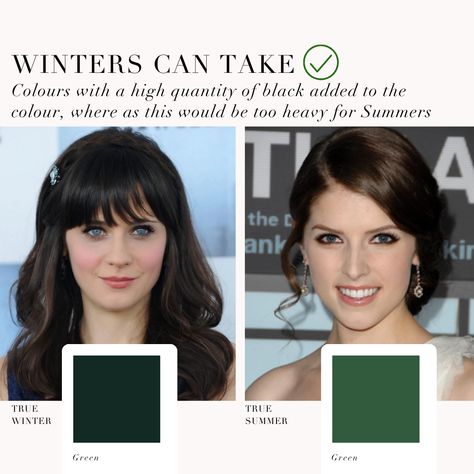 True Winter VS True Summer comparison 🖤⁠ .⁠ #coloranalysis #coloranalysis #truesummer #truewinter #summerpalette #winterpalette #coloranalyst True Winter Celebrities, True Winter Hair, Zoe Deschanel, True Winter Palette, True Winter Makeup, Winter Celebrities, True Winter Color Palette, Deep Winter Palette, Colour Season