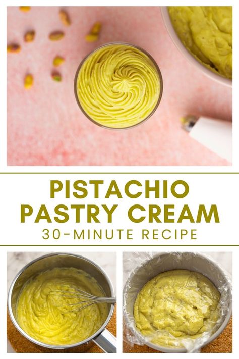 Indulge in the delightful flavor of homemade pistachio pastry cream! This easy-to-make cream is perfect for filling pastries, layering in cakes, or piping into sweet rolls. With the rich taste of pistachio paste and a hint of white chocolate, this creamy filling will elevate your desserts to a whole new level. Try it today and treat yourself to a nutty, creamy experience! Pistachio Cake Filling, Pistachio Paste Recipe, Pistachio Pastry, Pistachio Paste, Easy Tiramisu Recipe, Pastry Cream Recipe, Pistachio Cream, Tart Baking, Pistachio Cake