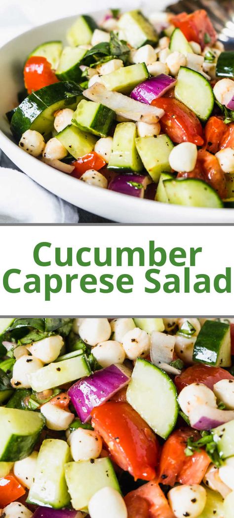 Chopped Cucumber Caprese Salad - A popular Italian salad brimming with garden veggies, sweet basil and pearls of bocconcini cheese! #capresesalad #cucumbercapresesalad #capresesaladrecipes #ketocapresesalad #capresesaladdressing #choppedcaprese salad #tomatoesalad #bocconcini #ketosaladrecipe Salads With Bocconcini, Italian Salad Bar Ideas, Tomato Cucumber Bocconcini Salad, Tomato And Bocconcini Salad, Recipe With Bocconcini, Salad With Bocconcini Cheese, Caprese Salad With Cucumber, Boccini Salad, Keto Caprese Salad