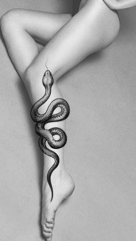 Snake Tattoo Leg, Snake Leg Tattoo, Black Snake Tattoo, Black Flowers Tattoo, Atlas Tattoo, Feminine Skull Tattoos, Lower Leg Tattoos, Cobra Tattoo, Shin Tattoo