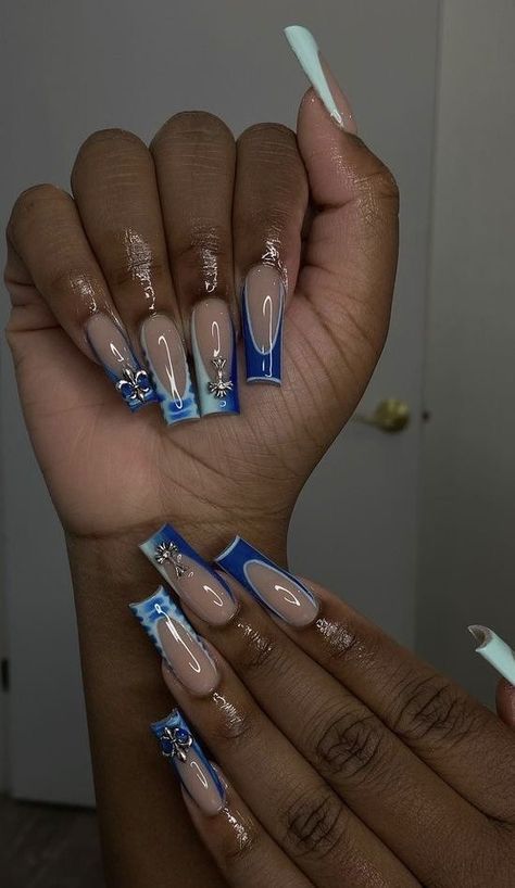 Blue Acrylic Nails Black Women, Blue Birthday Nails Acrylic, Blue Nails With Charms, Y2k Blue Nails, Blue Nails Y2k, Nails With Charms Y2k, Y2k Nails Blue, Nail Ideas With Charms, Dope Blue Nails