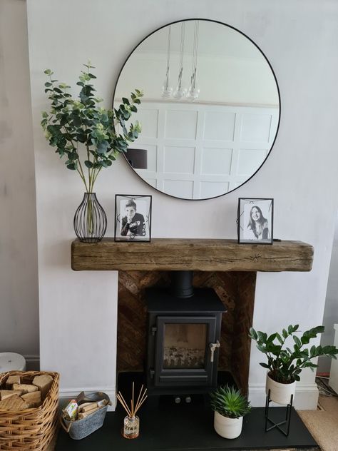 Mirror Above Log Burner, Fireplace Ideas With Mirror, Mantlepiece Decor Living Rooms, Fake Log Burner Fireplace, Mantlepiece Ideas, Mantelpiece Mirror, Mirrors Above Fireplace, Mantelpiece Ideas, Fake Fireplace Ideas