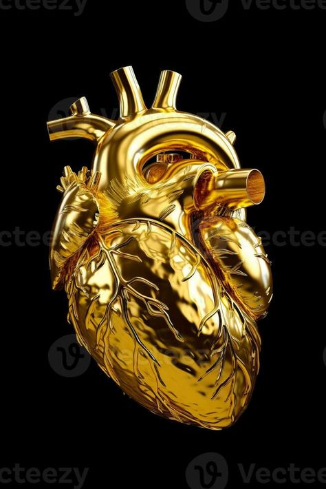 Golden human heart on black background with clipping path to the heart. Generative AI Golden Heart Aesthetic, Golden Heart Wallpaper, Human Heart Art, Rose Gold Wedding Cakes, Wallpaper Template, Gold Artwork, Heart Artwork, Gold Hearts, Heart Drawing