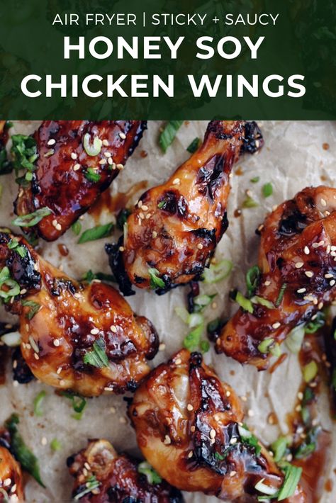 Saucy, sticky, glossy-with-glaze, Honey Soy Chicken Wings. Made easier in the Air Fryer! #chickenwings #airfryer #easychickenwings #airfryerchickenwings #dinnerrecipe