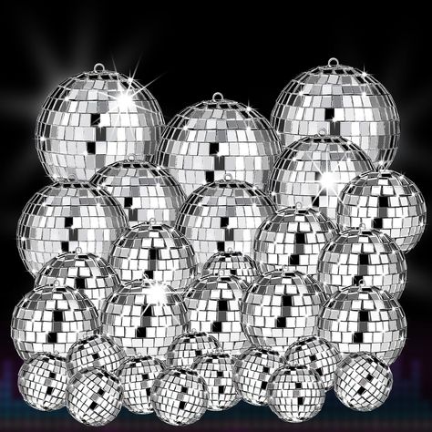 PRICES MAY VARY. 【Sufficiant Quantity】: 54 pcs disco ball consist of large disco ball as well as small disco ball in proper size, 3.2 inch, 2.4 inch, 2 inch and 1.2 inch, which allow you to match them more freely and meet the needs of various scenes. 【Reflective Mirror Material】: Made of foam material inside with high reflectivity mirror squares covered on its surface, which reflects bright light. Dynamic light adds a cheerful atmosphere to the party. 【Disco Ball Room Decor】: Add some groove to Disco Witch, Disco Ball Cake, Disco Ball Hanging, Disco Ball Decor, Silver Disco Ball, Ball Room, Dynamic Light, Ball Cake, Mirror Material