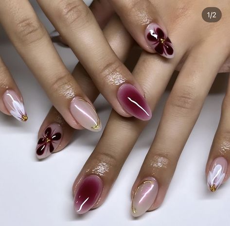 Gel X Extensions Nails, Genre Nails, Red Nails Dark, Short Nails Red, Nails Dark Red, Almond Nails Short, Nail Inspo Almond, Nail Art Flower, Dark Pink Nails