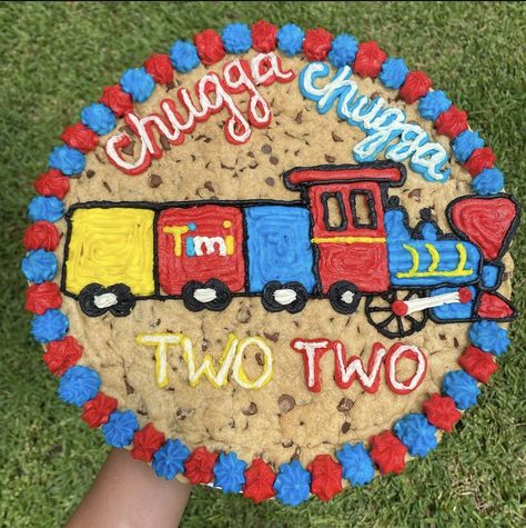 Birthday Cookie Cake Train Cookie Cake, Cake With Train, Cake For 2nd Birthday, Birthday Cookie Cake, Train Cookies, Birthday Cookie, Cookie Cake Birthday, Cookie Cakes, Birthday Cookies