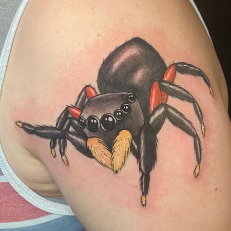 Fantastic jumping spider piece done by @sydneyctattoo! It's an awesome choice for her client's first tattoo!! 🕷️ ⁠ ⁠ "I love how this spider turned out! This lil guy is an Euophrys Monadnock, a species of jumping spider that can be found in Saskatoon from time to time. ⁠ Thanks for the trust with your first tattoo Sara!" ⁠- Sydney Jumping Spider Tattoo Design, Jumping Spider Tattoo, Realism Tattoos, Mama Tried, Spider Tattoo, Jumping Spider, Realism Tattoo, Nature Tattoos, First Tattoo