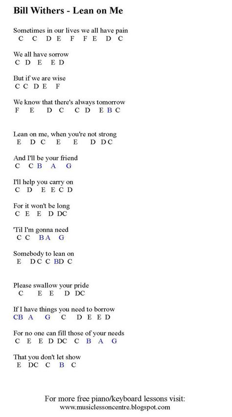 MUSIC LESSONS: Free Piano Lessons - Learn how to play "lean on me" on the piano Kunci Piano, Piano Music With Letters, Free Piano Lessons, Sheet Music With Letters, Piano Songs For Beginners, Piano Sheet Music Letters, Keyboard Sheet Music, Piano Music Easy, Beginner Piano Music