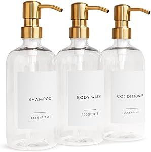 Stylish Shampoo and Conditioner Dispenser Set of 3 - Modern 21oz Shower Soap Bottles with Pump and Labels - Easy to Refill Body Wash Dispensers for an Instant Bathroom Decor Upgrade Body Wash Dispenser, Reusable Shampoo And Conditioner Bottles, Shampoo Conditioner Dispenser, Bathroom Shampoo Storage Ideas, Shampoo Station Ideas, Shampoo And Conditioner Dispenser, Shower Bottles, Shower Dispenser, Detergent Bottles