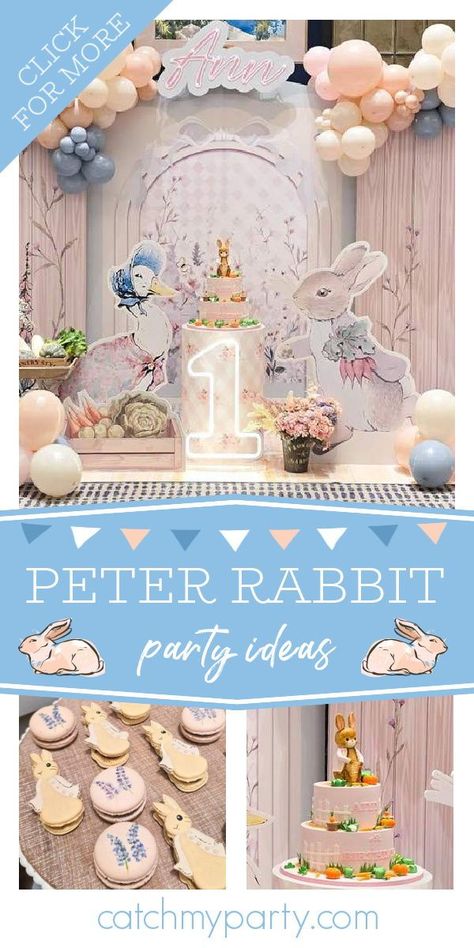 Take a look at this pretty Peter Rabbit 1st birthday party! The dessert table is gorgeous!  See more party ideas and share yours at CatchMyParty.com Peter Rabbit First Birthday Girl, Peter Rabbit Birthday Party Girl, Vintage Tea Party Birthday, Peter Rabbit 1st Birthday, Peter Rabbit Birthday Party, Rabbit Birthday Party, Birthday Party Girl, Peter Rabbit Birthday, Rabbit Birthday