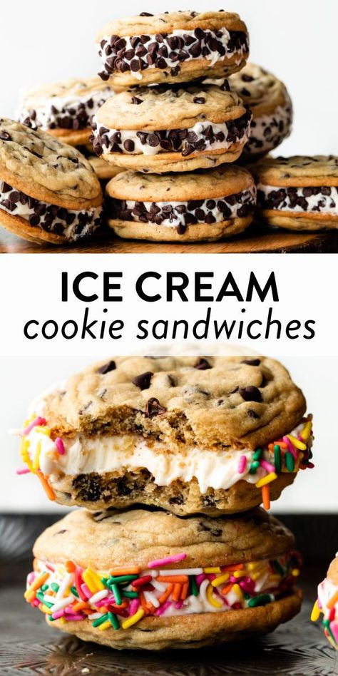 These cookie ice cream sandwiches use a quick no-chill cookie dough recipe that produces soft cookies perfect for freezing. Nothing beats this classic summer treat! #cookies #icecream #summer #sprinkles Diy Ice Cream Sandwiches, Cookie Ice Cream Sandwiches, Homemade Ice Cream Sandwiches, Ice Cream Sandwiches Recipe, Cookie Dough Recipe, Cookie Ice Cream, 2023 Recipes, Soft Cookies, Cookie Dough Ice Cream