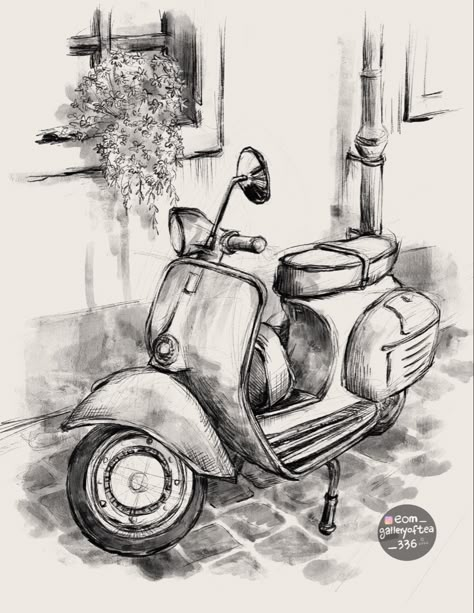 Vespa Scooters Drawing, Vespa Drawing, Scooter Sketch, Car Drawing Sketches, Scooter Drawing, Vespa Illustration, Vespa Art, Charcoal Sketches, Motorcycle Drawing