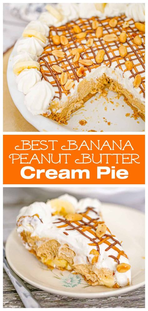 This amazing Banana Peanut Butter Cream Pie recipe is deliciously layered in a graham cracker crust, layered bananas, a creamy peanut butter filling, whipped cream with peanut butter and Nutella drizzled on top!  It's soooo scrumptious and perfect when you have a craving for peanut butter and banana! Banana Peanut Butter Pie, Peanut Butter Banana Pie, Butter Cream Pie Recipe, Peanut Butter Banana Cream Pie, Banana Pie Recipe, Peanut Butter Crust, Peanut Butter Cream Pie, Whipped Peanut Butter, Peanut Butter Cream