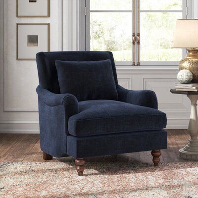 Doesn’t this chair look like the perfect place to take a load off after a long day? We think so … It showcases a square, tight back, and is accented by recessed arms and a deep seat with a T-shaped cushion. It’s founded atop a solid wood frame, with two turned wooden feet in the front for French country appeal. Foam and polyester padding plumps up its seat, back, and included toss pillow. As for upholstery, 100% polyester velvet in a midnight blue hue surrounds this accent chair in style. Hand-c Living Tv, Kelly Clarkson Home, Perfect Office, Swivel Armchair, Kelly Clarkson, Comfy Chairs, Upholstered Arm Chair, Blue Decor, Wingback Chair