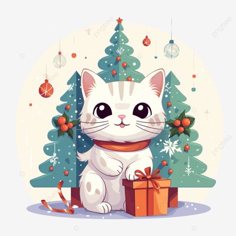 the character of cute cat in the gift box and christmas tree in flat style illustration christmas Cat Illustration Christmas, Christmas Cat Cartoon, Cartoon Png Transparent, Illustration Christmas, Ad Illustration, Cartoon Png, Cat Cartoon, Christmas Ad, Cartoons Png