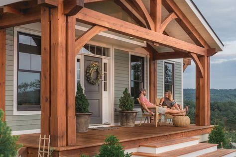 Settlement Post & Beam | Timber Frame Gallery Wood Pillars, Craftsman Porch, Timber Frame Porch, Porch Remodel, Porch Addition, Front Porch Design, Timber Frame Homes, House With Porch, Home Porch