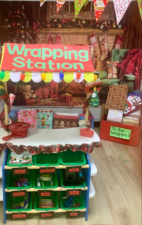 Christmas Wrapping Station Eyfs, Christmas Role Play Areas Eyfs, Christmas Themed Dramatic Play, Gingerbread House Dramatic Play Center, Christmas Market Dramatic Play, Christmas Home Corner Role Play, Elf Workshop Dramatic Play, Santas Grotto Role Play, Christmas Craft Station