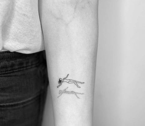 Floating Woman Tattoo, Woman Swimming Tattoo, Falling Person Tattoo, Float Tattoo, Fine Line Sternum Tattoo, Floating Tattoo, Falling Tattoo, Hippo Tattoo, Swimming Tattoo