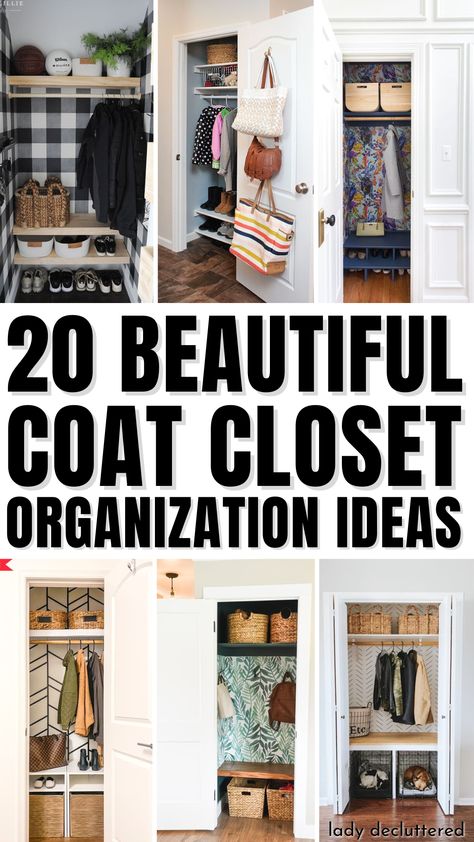 20 Beautiful Coat Closet Organization Ideas Front Closet Makeover, Coat Closet Organization Ideas, Coat Closet Design, Entry Closet Ideas, Entry Closet Organization, Coat Closet Storage, Hall Closet Organization, Coat Closet Ideas, Small Coat Closet