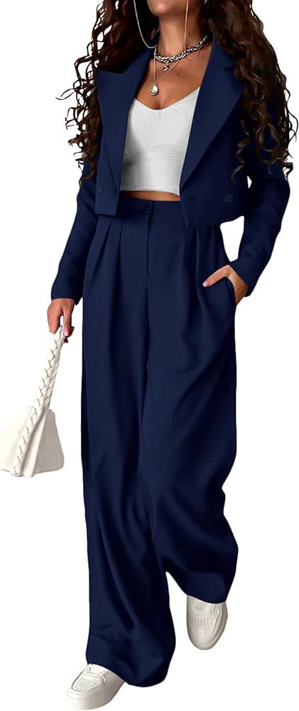 Amazon.com: PRETTYGARDEN Women's 2 Piece Casual Outfits Cropped Blazer Jackets High Waisted Wide Leg Work Pants Suit Set (Navy,Medium) : Clothing, Shoes & Jewelry Wide Leg Work Pants, Wide Leg Pant Suit, Cropped Blazer Jacket, Pant Suits, Business Casual Outfits For Women, Pantsuits For Women, Leg Work, Pants Suit, Cropped Blazer