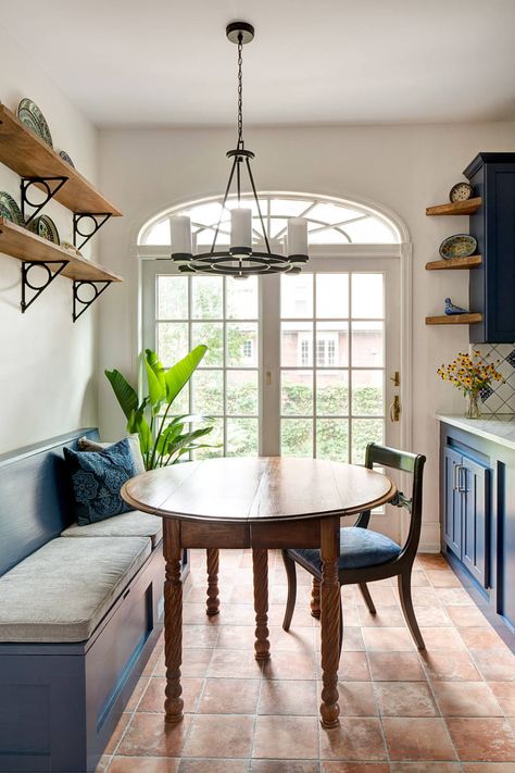 Bold Mediterranean Kitchen in Narberth - Mediterranean - Dining Room - Philadelphia - by Airy Kitchens Mediterranean Dining Room, Terracotta Tile, Mediterranean Kitchen, Stained Table, Terracotta Floor, Modern Farmhouse Bathroom, Blue Cabinets, Banquette Seating, Mediterranean Home