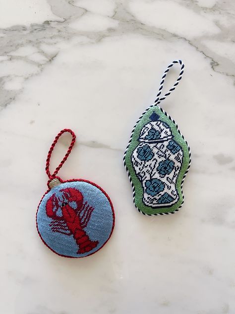 Needlepoint Christmas Ornaments Patterns Free, Blue And White Needlepoint, Christmas Needlepoint Patterns, Needlepoint Ornaments Christmas, Nantucket Needlepoint, Needlepoint Patterns Free, Needlepoint Finishing Ideas, Needlepoint For Beginners, Needlepoint Keychain