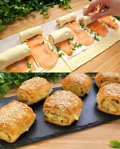 Salmon Rolls Appetizers, Smoked Salmon Puff Pastry Recipes, Salmon Puff Pastry Appetizers, Smoked Salmon Rolls With Cream Cheese, Salmon In Pastry Puff, Salmon Party Food, Salmon Puffs Appetizers, Seafood Puff Pastry Recipes, Salmon Snacks Appetizers