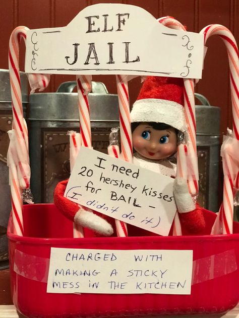 Elf Candy Cane Jail, Elf On The Shelf In Jail, Elf On The Shelf Bowling, Elf Jail, Elf On The Shelf For Teens, Funny Elfs, Elf Things, Elf 2024, Shelf Plans