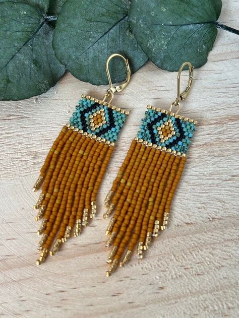 Unique Beaded Fringe Earrings, Brown Beaded Earrings, Seed Bead Earrings Patterns, Native Beaded Earrings, Boho Beaded Earrings, Native Earrings, Miyuki Bead, Native American Beadwork Patterns, Native Beading