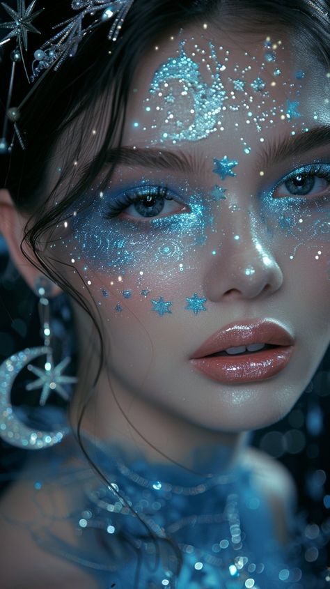 Galactic Halloween Costume, Night Goddess Makeup, Galactic Aesthetic Outfit, Moon Themed Makeup, Cosmic Outfit Aesthetic, Aurora Borealis Makeup, Moon Fairy Makeup, Y3k Makeup, Otherworldly Makeup