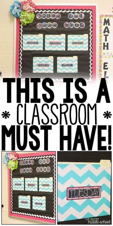 Creating a "While You Were Out" bulletin board. This is the most used bulletin board in my classroom! You NEED one of these!! #Bulletinboard #TeachingTip #Classroomdecor Math Classroom Decorations, Middle School Math Classroom, 6th Grade Science, 5th Grade Classroom, Ela Classroom, 4th Grade Classroom, 3rd Grade Classroom, High School Classroom, Middle School Classroom