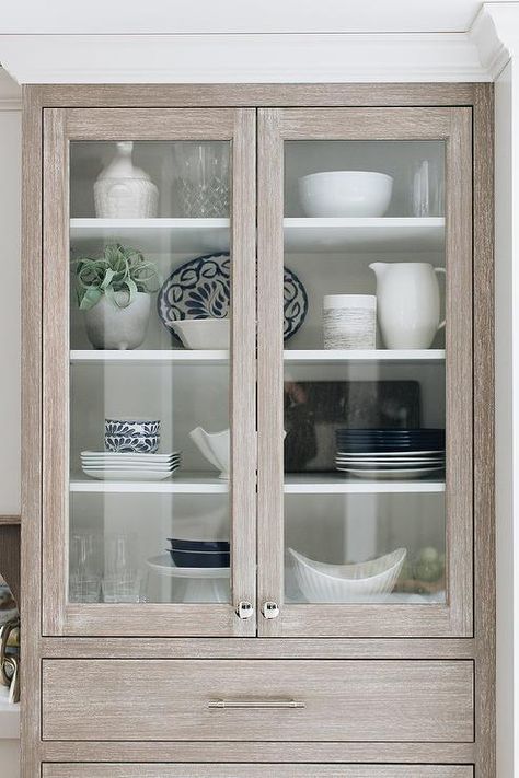 Brushed Oak China Cabinet with Glass Doors - Transitional - Kitchen Oak Makeover, Industrial Kitchen Cabinets, Glass Fronted Kitchen Cabinets, Kitchen Cabinet Display, Repurposed China Cabinet, Black China Cabinet, White China Cabinets, Vintage Industrial Kitchen, Blue China Cabinet