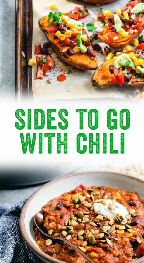 Making chili but not sure what to serve with it? Here are the best sides to go with chili, from moist and tender cornbread to sweet potato fries. #chili #sidedish #healthy #mealprep #entertaining Serve With Chili What To, Chili Meals Sides, Chili Cook Off Sides, Sides Dishes For Chili, Salad To Serve With Chili, What Goes Well With Chili, What To Eat With Chili Ideas, Chili Night Party, Side Dish With Chili