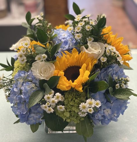 Sunflower And Blue Hydrangea Bouquet, Sunflower And Blue Hydrangea Centerpieces, Sunflower And Blue Centerpieces, Sunflower And Hydrangea Centerpieces, Blue And Yellow Flower Centerpieces, Dusty Blue And Sunflower Wedding Centerpieces, Blue And Yellow Flower Arrangements, Yellow Flower Centerpieces, Blue Hydrangea Centerpieces