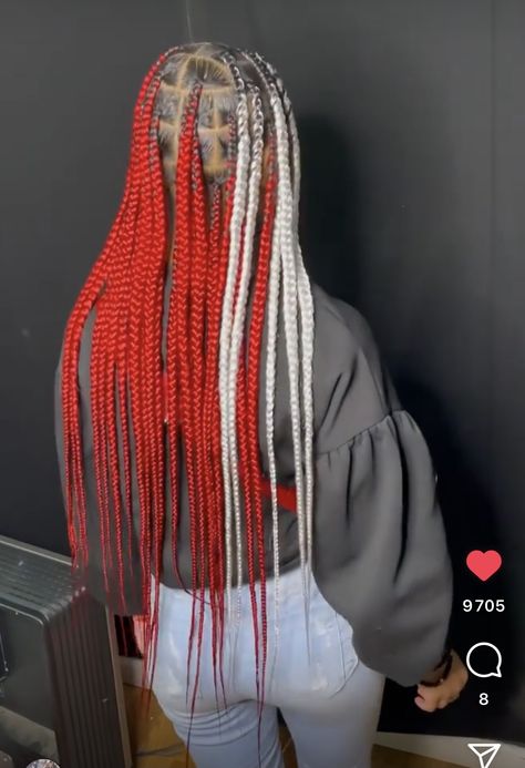 Red And Blonde Hair Color Peekaboo Braids, Half And Half Box Braids Color, Red And Blonde Knotless Braids, Red And White Braids, Blonde And Red Braids, Red And Blonde Hair Color Peekaboo, Red And Blonde Braids, Red Knotless Box Braids, Red And Black Braids