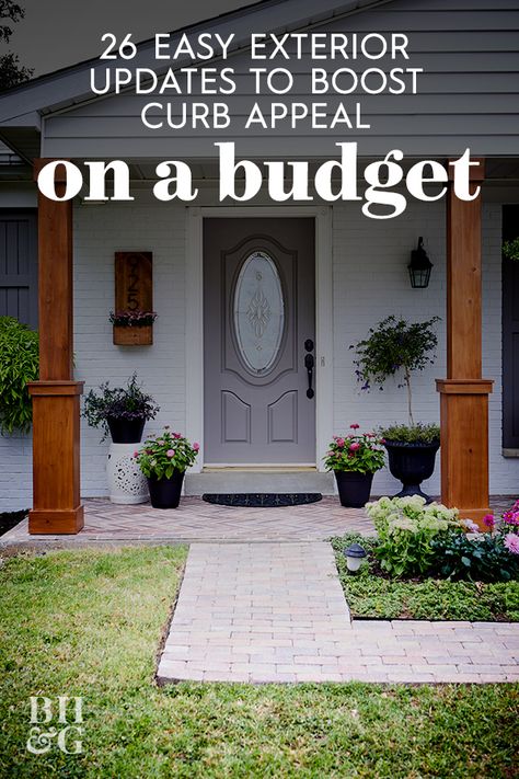 These are our top ideas for curb appeal on a budget, including stress-free landscaping solutions and inexpensive front door ideas.  Add interest to your home's exterior without the high price tag! Try these easy updates for instant curb appeal. #curbappeal #homeimprovement #porchideas #exteriormakeover #bhg Easy Curb Appeal Ideas, Curb Appeal Easy, Curb Appeal On A Budget, Front Door Landscaping, Exterior Updates, Improve Curb Appeal, Curb Appeal Landscape, Front Door Ideas, Boost Curb Appeal