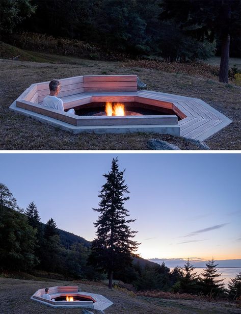 An Outdoor Fire Pit Designed To Take Advantage Of The Ocean Views Fire Pit Outside, Outdoor Fire Feature, Built In Firepits Backyard Ideas, Fire Pit Design Ideas, Fire Place Outdoor, Sunken Fire Pits, Fireplace Outdoor, Fire Pit Cooking, Outdoor Fire Pit Designs