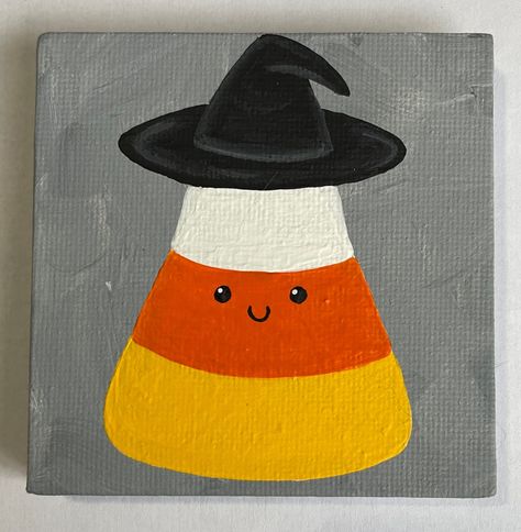 "3\"x3\" Hand Painted Halloween Candy Corn Witch  Canvas Painting This small candy corn painting is the perfect addition to your fall/Halloween decor.  Hand painted on a 3\"x3\" canvas with acrylic paint, each painting is one of a kind.  A great gift for a friend or family member or perfect just for you!" Tiny Halloween Paintings, Witch Canvas Painting, Fall Easy Crafts, Candy Corn Painting, Easy Halloween Paintings, Pumpkin Canvas Painting, Candy Corn Witch, Corn Painting, Halloween Canvas Paintings