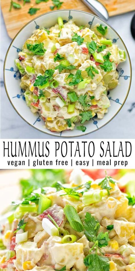 Easy to make and super tasty: Hummus Potato Salad. Naturally vegan and gluten free. Full of crunchy vegetables and fresh herbs, it is made nut-free with hummus instead of mayo. Perfect for lunch or dinner, and an amazing addition for BBQs. #vegan #glutenfree #easy #bbq #salad #potatoes #hummus #flavor #mealprep #dairyfree #potatosalad #dinner #lunch #contentednesscooking Hummus Potato Salad, Vegan Party Salad, Vegan Gluten Free Lunch, Recipes With Hummus, Greek Veggies, Mediterranean Bowl, Vegan Potato Salad, Potato Hummus, Bbq Salad