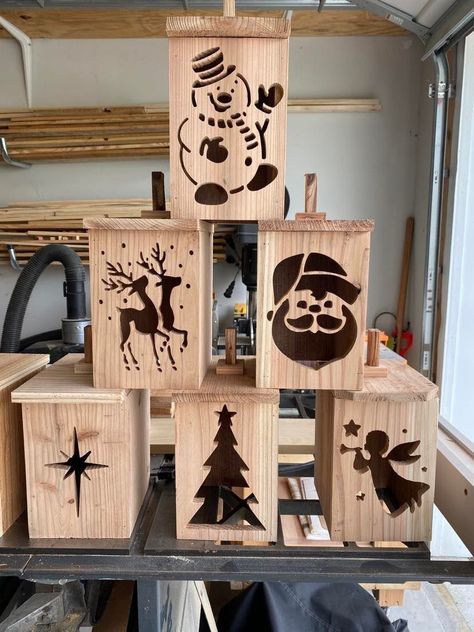 "Christmas lantern faces CRV/CNC/DXF/SVG cut file. Setup to cut on cedar fence pickets 6\" x 72\" x 1/2\"" Christmas Cnc Projects, Christmas Diy Wood, Woodworking Tutorials, Wooden Christmas Crafts, Christmas Lantern, Cnc Files, Wooden Lanterns, Wood Shop Projects, Christmas Wood Crafts