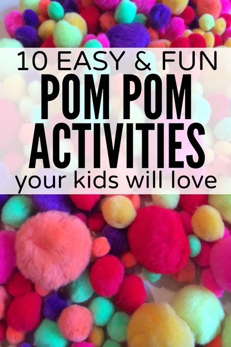 If your child likes playing with pom poms as much as my daughter does, and you're looking for fun and easy ways to keep her entertained, you will love this collection of pom pom activities for kids! Pom Pom Activities, Motor Skills Activities, Pom Pom Crafts, Toddler Fun, Fine Motor Activities, Toddler Learning, Sensory Activities, Craft Activities For Kids, Craft Stick Crafts