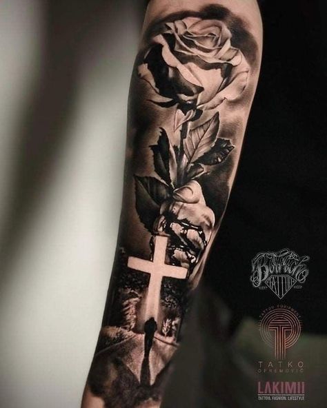 Men's Forearm Tattoos Sleeve, Religious Tattoo Sleeves, Half Sleeve Tattoos Forearm, Christian Sleeve Tattoo, Heaven Tattoos, Lion Tattoo Sleeves, Half Sleeve Tattoos Drawings, Cross Tattoo For Men, Men Tattoos Arm Sleeve