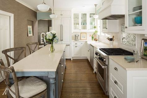 Long Skinny Kitchen Island | Long Narrow Island | House of Turquoise Paneled Refrigerator, Long Narrow Kitchen, Narrow Kitchen Island, Kitchen Color Palettes, Shaped Kitchen, Long Kitchen, Apron Sink, Narrow Kitchen, Stone Counters