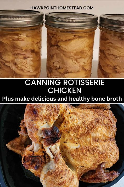 This canning rotisserie chicken and making bone broth from the leftover bones is one of my favorite things to do to stock the pantry. Canning Rotisserie Chicken, Canning Cooked Chicken, Meat Canning Recipes, Canning Recipes Meals, Canning Meals In A Jar, Canning Storage Ideas, Canning Chicken Stock, Canned Meals, Canning Meals