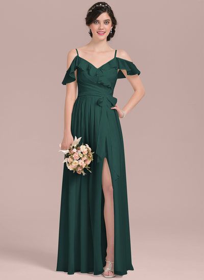 A-Line V-neck Floor-Length Chiffon Bridesmaid Dress With Bow(s) Split Front Cascading Ruffles (007126462) Bridesmaid Robes Floral, Lace Bridesmaid Dress, Floor Length Chiffon Bridesmaid Dresses, Cascading Ruffles, Buy Dresses Online, Green Bridesmaid, Green Bridesmaid Dresses, Floral Robes, Lace Bridesmaid Dresses