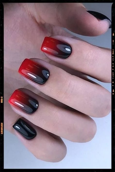 Nails Ombre Red Black, Black Red Gel Nails, Ambre Nails Ombre Red And Black, Black With Red Tip Nails, Black N Red Nail Designs, Black And Red Ombre Nails Short, Ombre Nails Black And Red, Short Nail Designs Black And Red, Red And Black Ombre Acrylic Nails