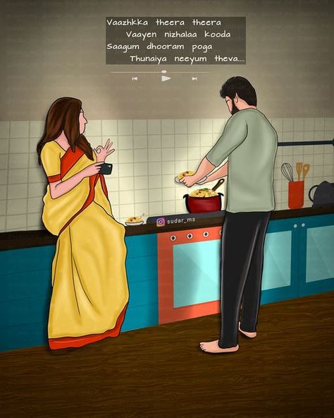 Couple Wallpaper Quotes, South Indian Couple Illustration, Couples Illustration Art, Indian Couple Drawing Art, Couples Art Painting, Indian Couple Art, Indian Couple Painting Romantic, Tiktok Lyrics, Couple Captions